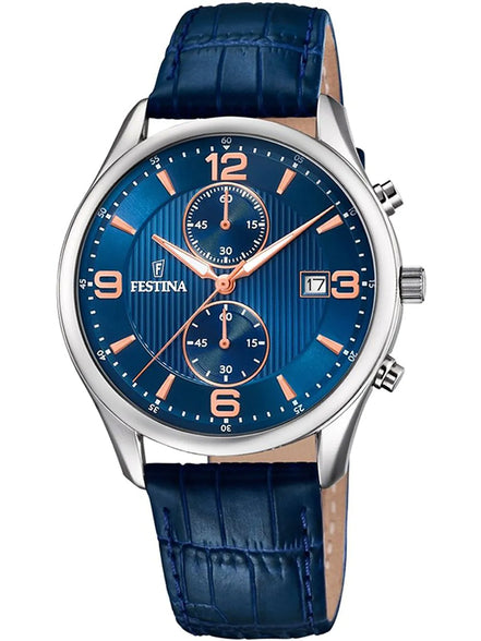 OROLOGIO FESTINA TIMELESS CHRONOGRAPH F6855/6 AZZURO CINTURINO IN PELLE, UOMO