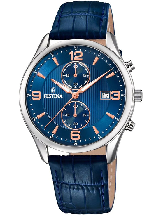 OROLOGIO FESTINA TIMELESS CHRONOGRAPH F6855/6 AZZURO CINTURINO IN PELLE, UOMO