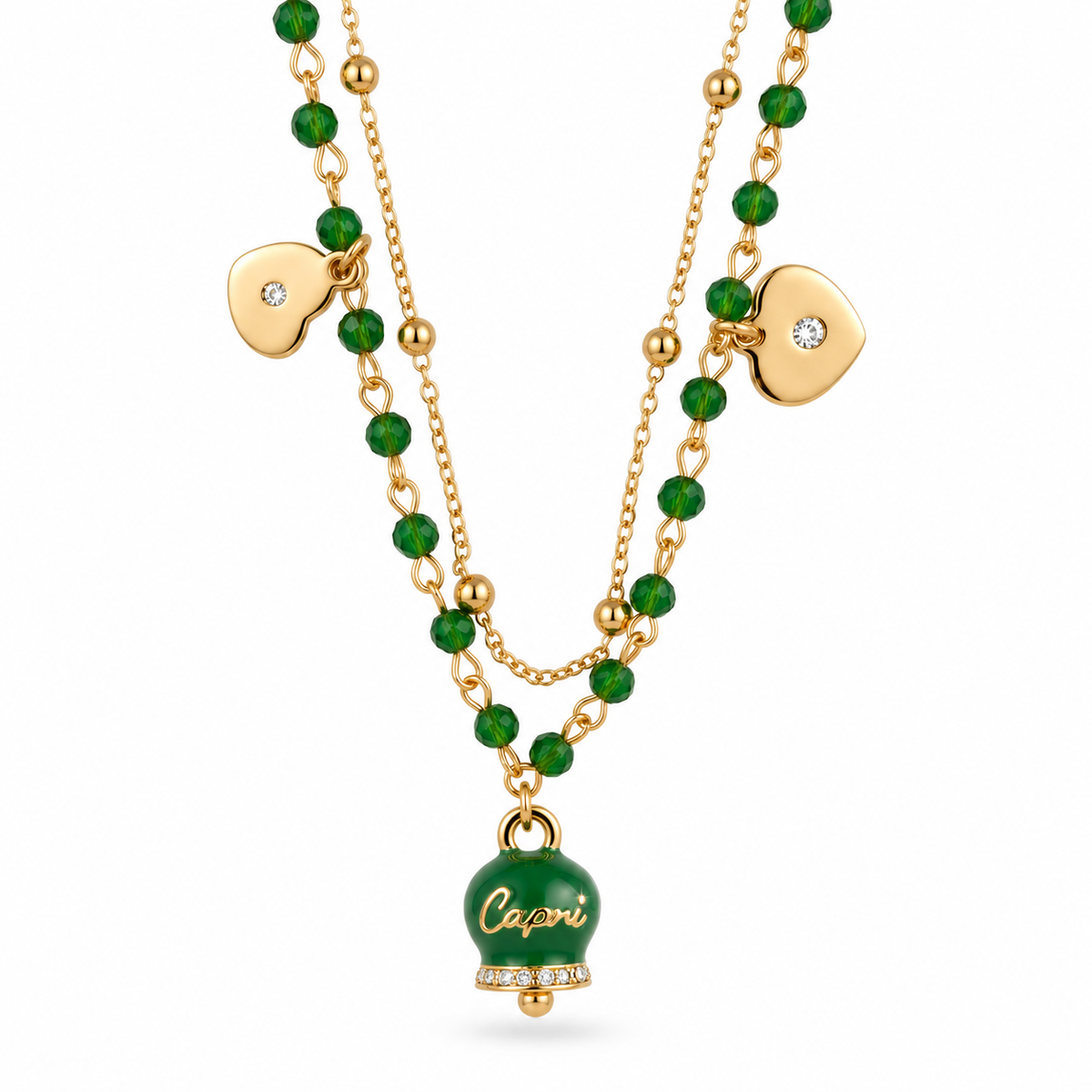 Amo Capri - Collana in Metallo multifilo con campanella e pietre verdi