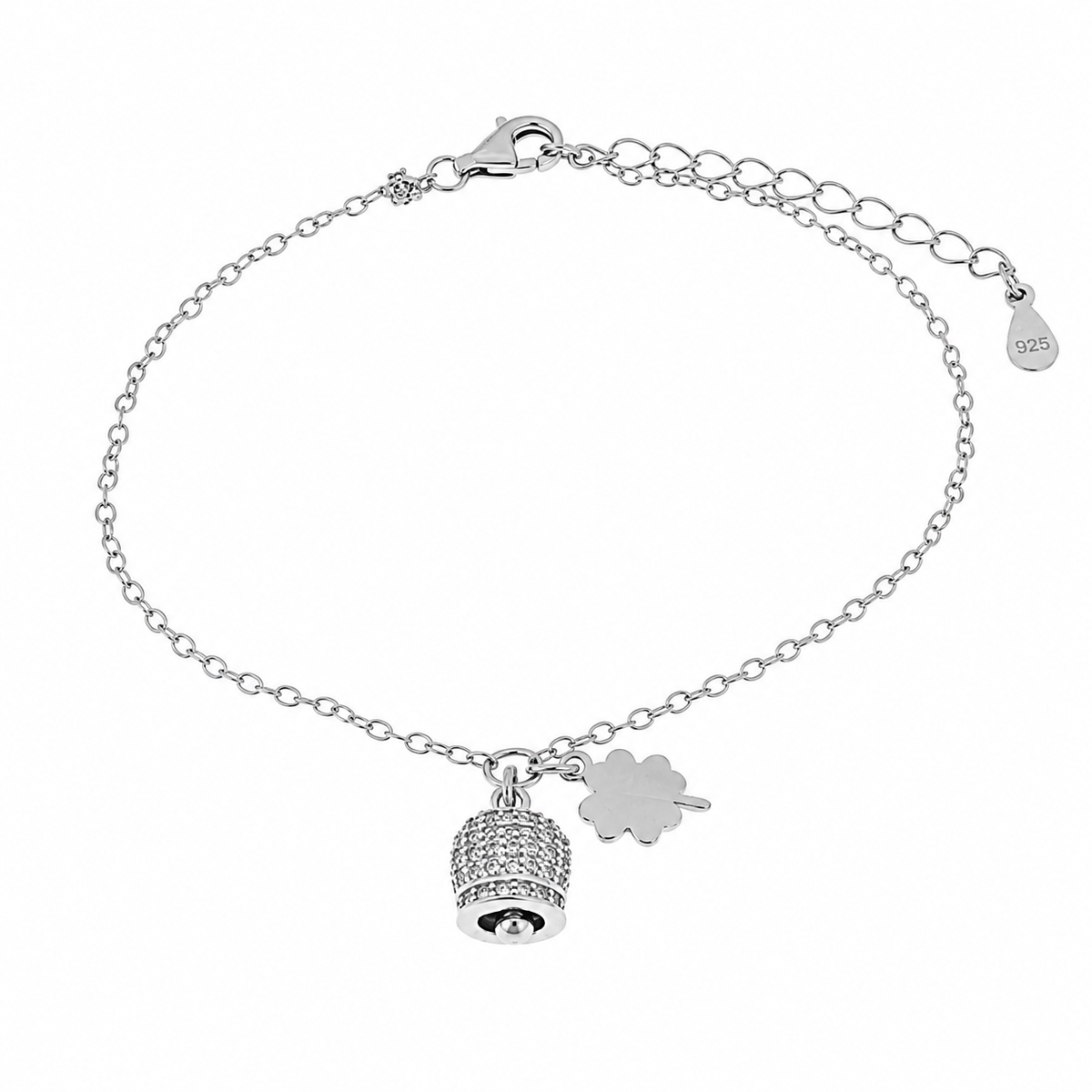 BYSIMON - Bracciale in Argento 925 campanella portafortuna impreziosito da zirconi bianchi e quadrifoglio