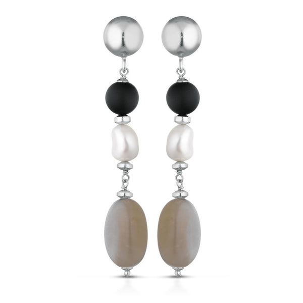 Orecchini Le Lune Glamour donna in argento con perle, ematite grigia e agata nera lgea178